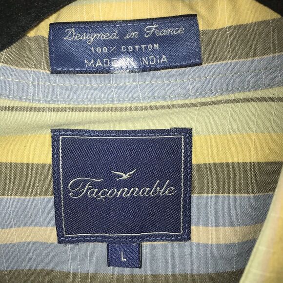 Faconnable Men's Casual Shirt Large Stripe Yellow Blue Grey Button Short Sleeve - Picture 2 of 11